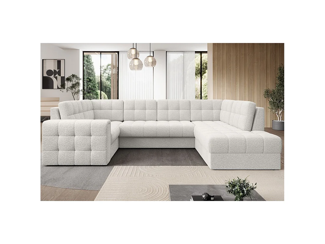 Sofá esquinero convertible MONTEZA blanco bucle 299 cm con baúl y cama
