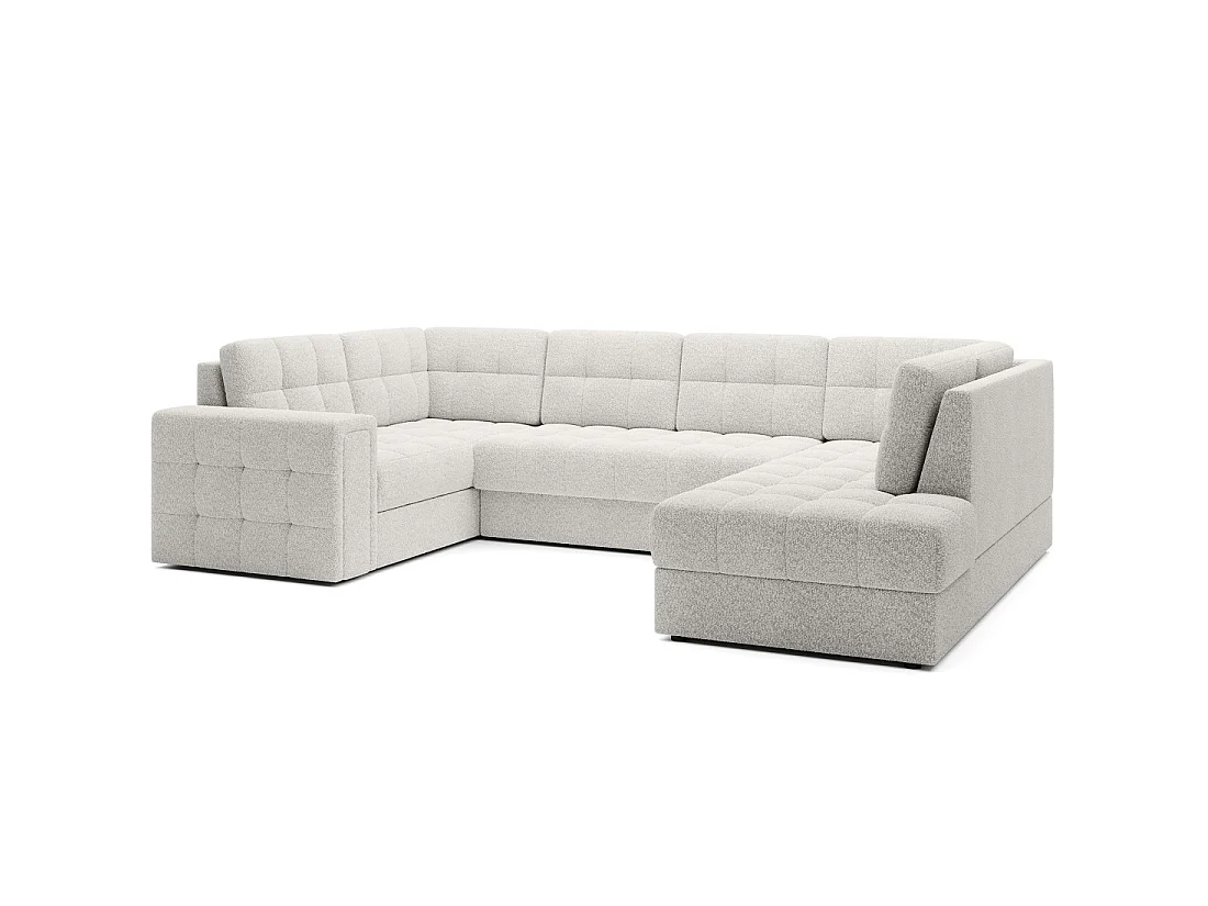 Sofá esquinero convertible MONTEZA blanco bucle 299 cm con baúl y cama