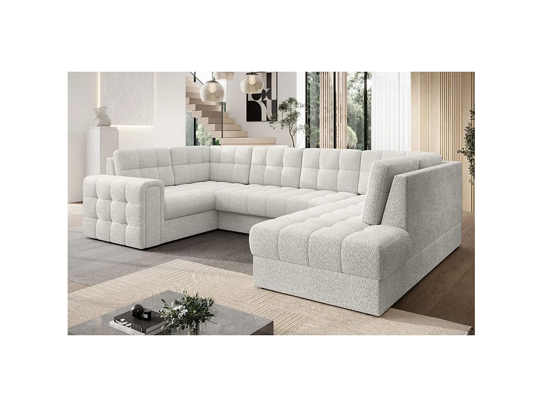 Sofá esquinero convertible MONTEZA blanco bucle 299 cm con baúl y cama