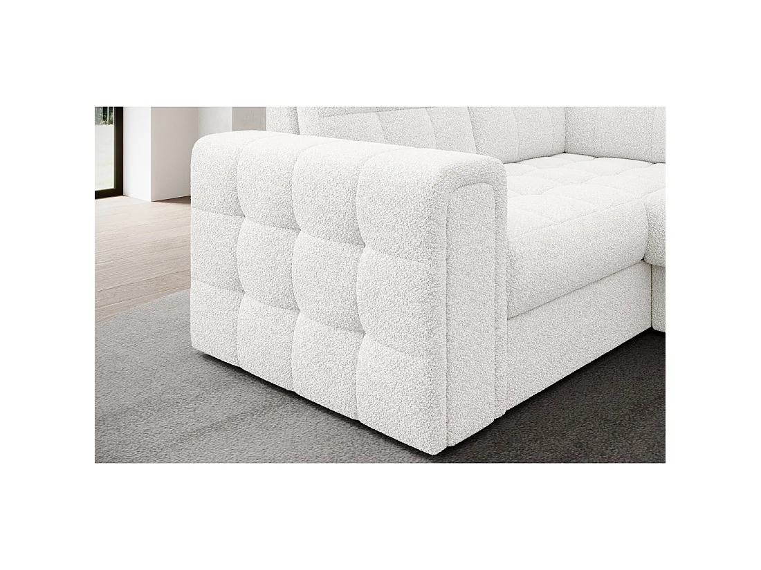 Sofá esquinero convertible MONTEZA blanco bucle 299 cm con baúl y cama
