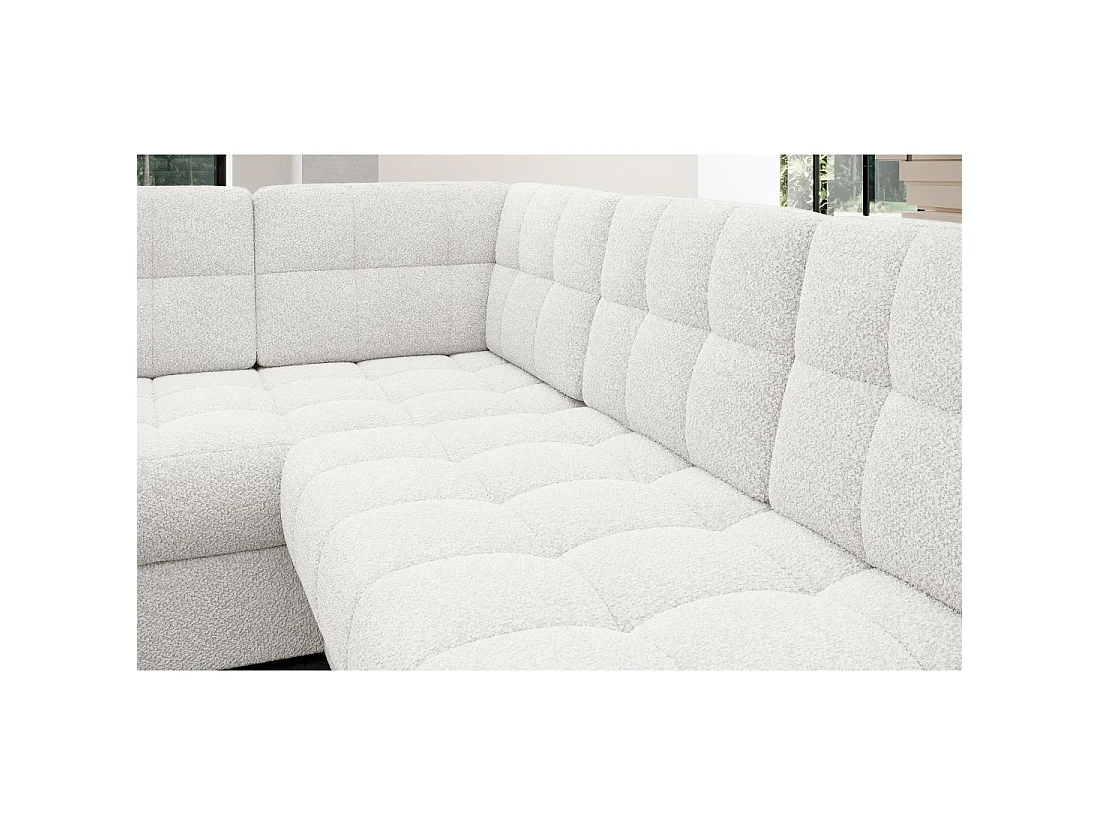 Sofá esquinero convertible MONTEZA blanco bucle 299 cm con baúl y cama
