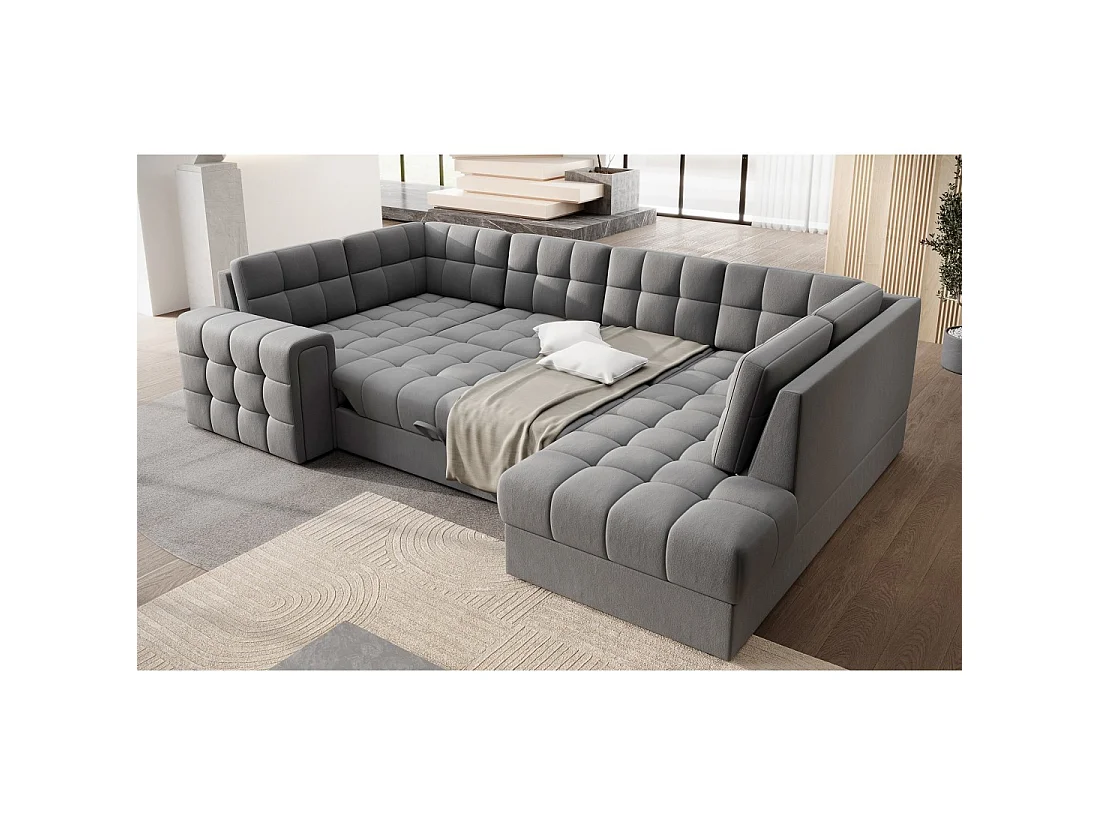 Sofá de esquina convertible MONTEZA gris 299 cm con arcón y cama