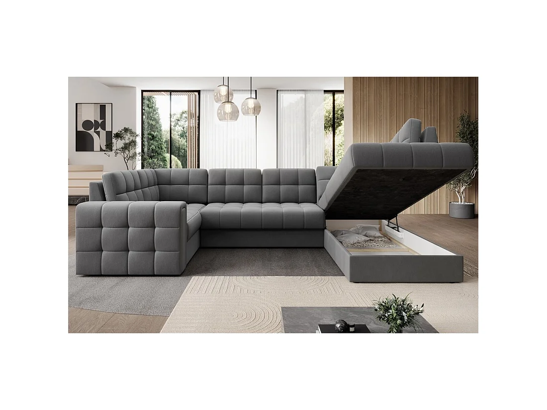 Sofá de esquina convertible MONTEZA gris 299 cm con arcón y cama