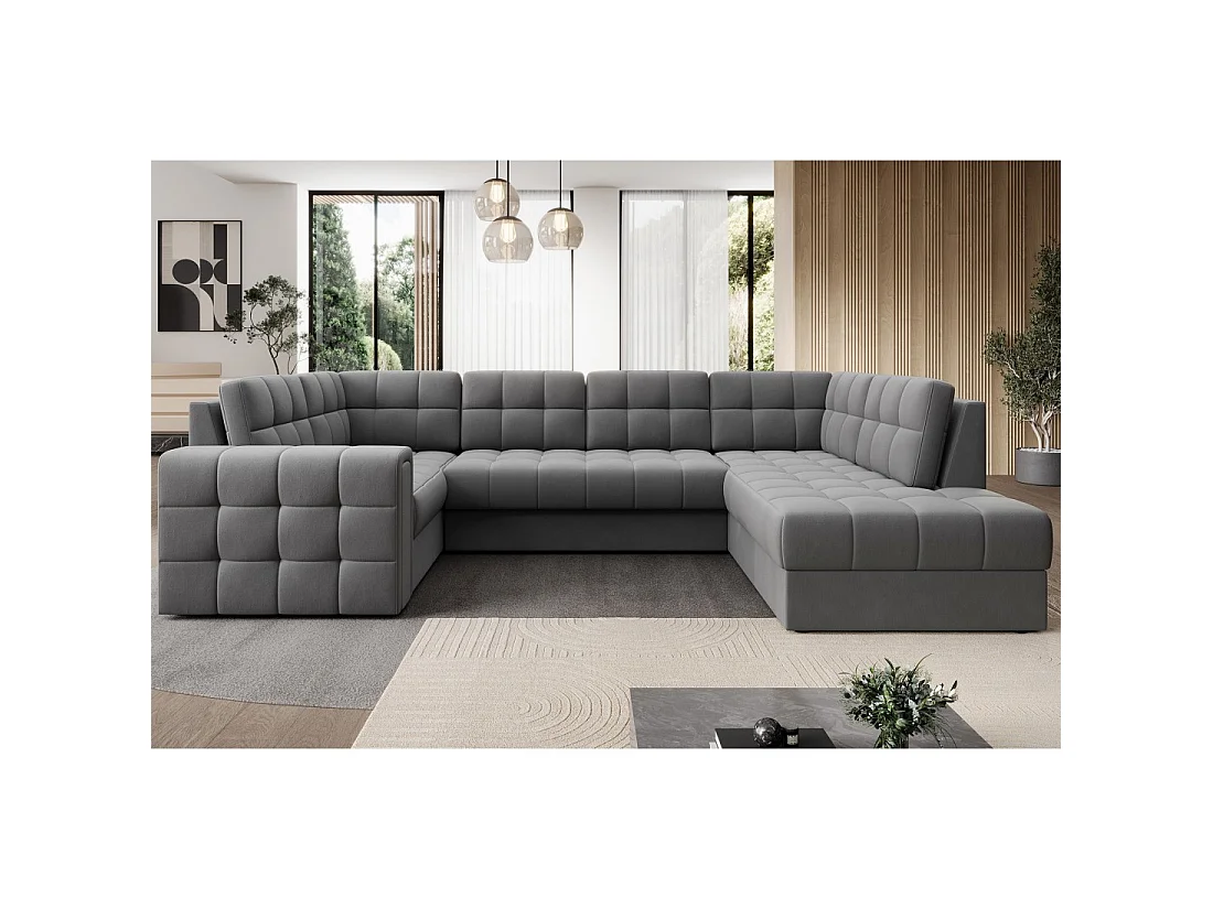 Sofá de esquina convertible MONTEZA gris 299 cm con arcón y cama