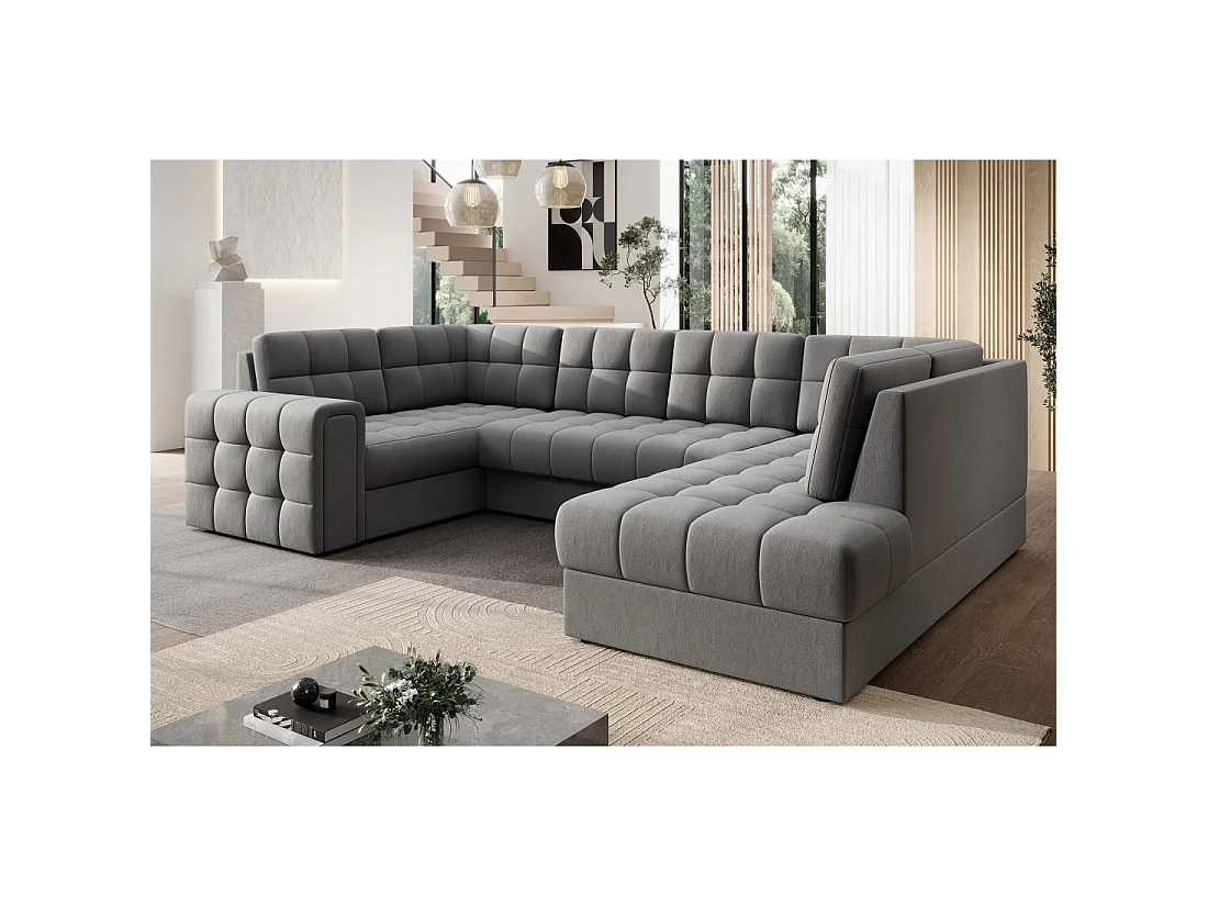 Sofá de esquina convertible MONTEZA gris 299 cm con arcón y cama