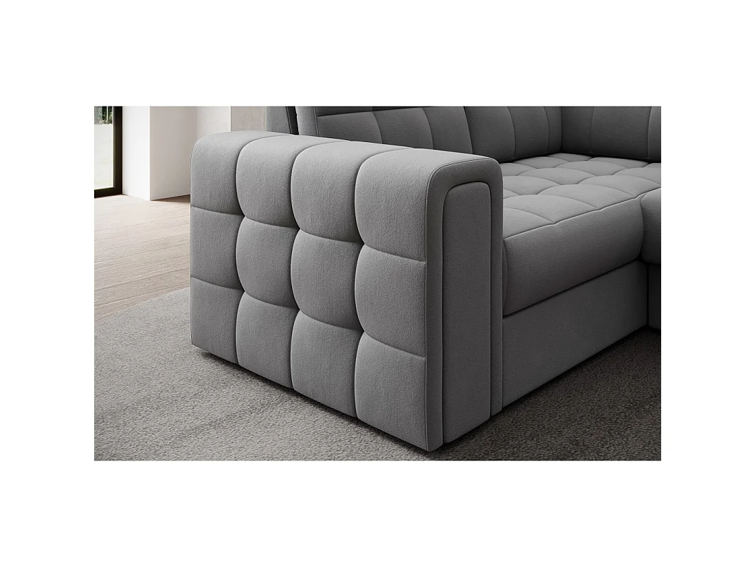 Sofá de esquina convertible MONTEZA gris 299 cm con arcón y cama