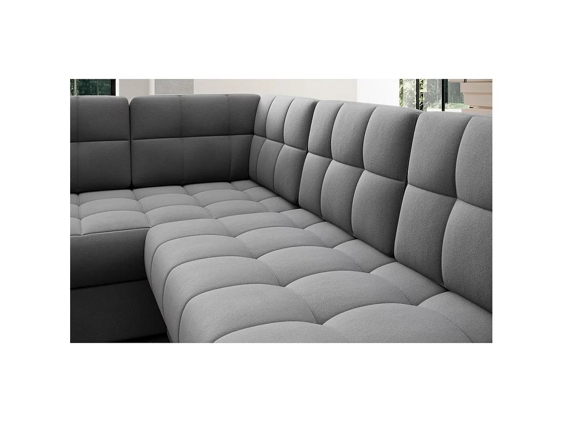 Sofá de esquina convertible MONTEZA gris 299 cm con arcón y cama
