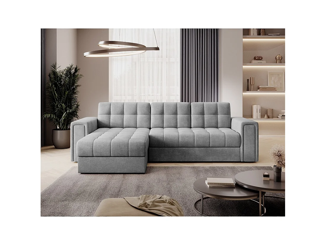 Sofá esquinero convertible KAPITARA gris reversible con baúl de almacenamiento