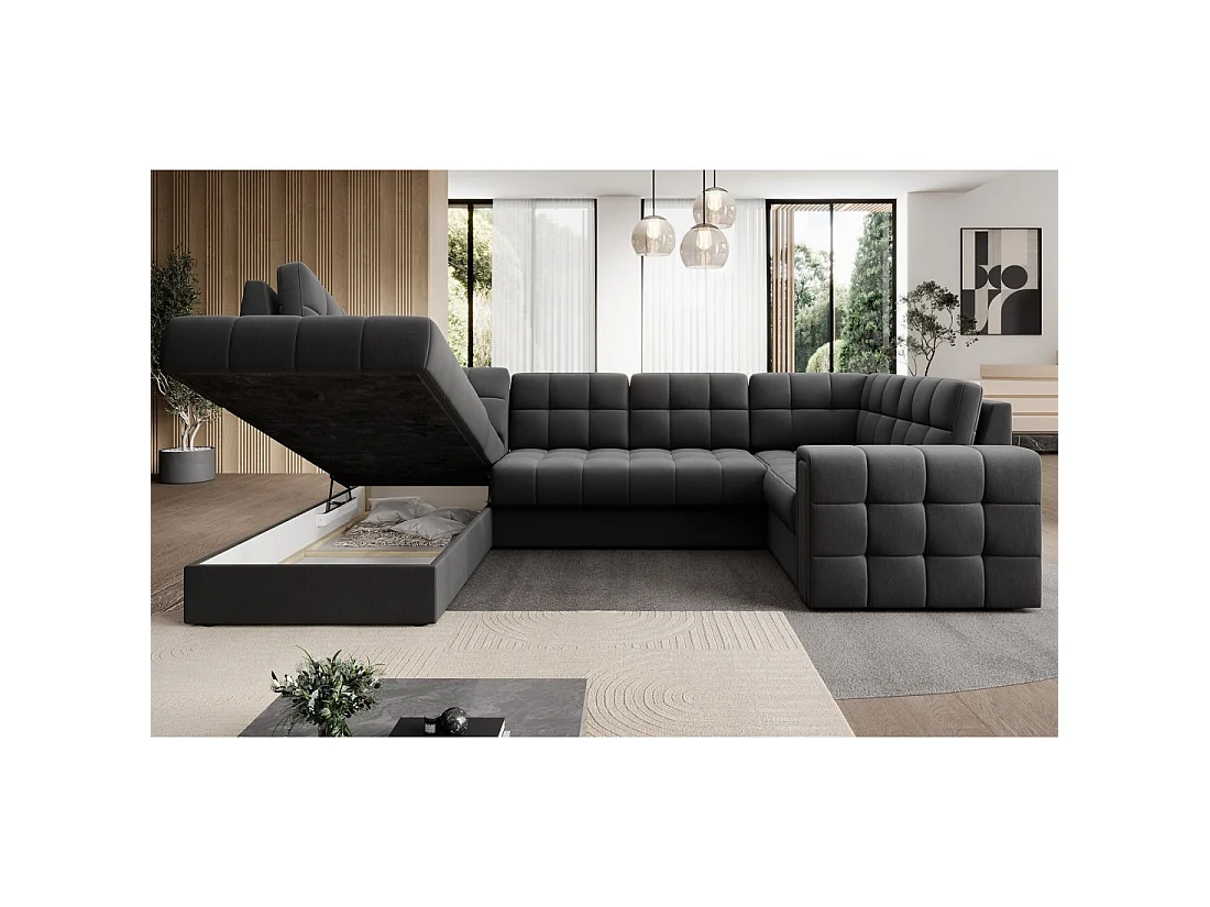 Sofá esquinero convertible MONTEZA gris oscuro izquierdo 299 cm con almacenamiento y cama
