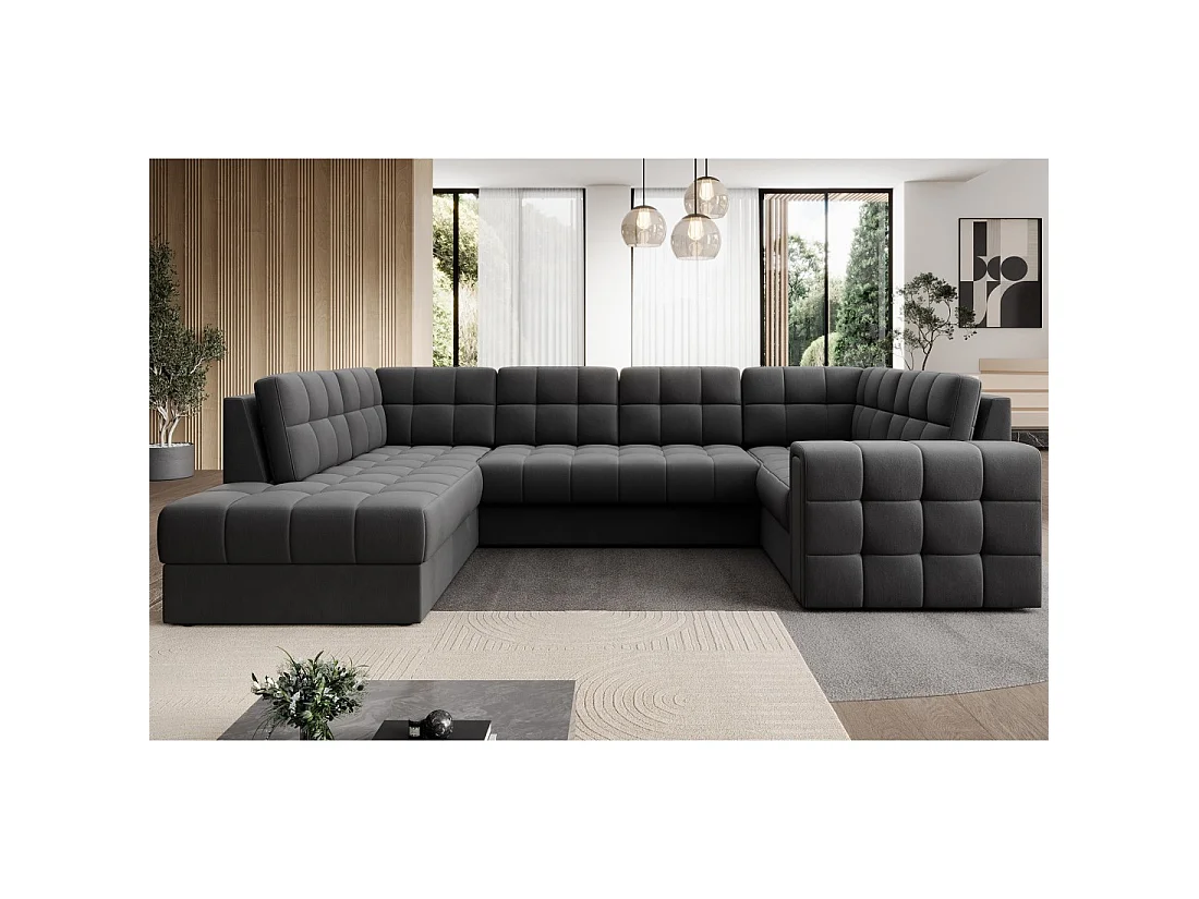 Sofá esquinero convertible MONTEZA gris oscuro izquierdo 299 cm con almacenamiento y cama