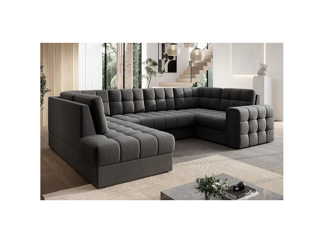 Sofá esquinero convertible MONTEZA gris oscuro izquierdo 299 cm con almacenamiento y cama
