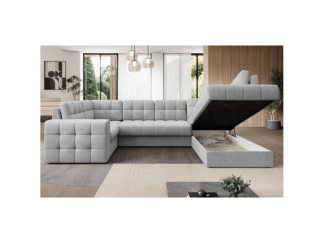 Canapé d'angle convertible MONTEZA gris 299 cm avec coffre et couchage