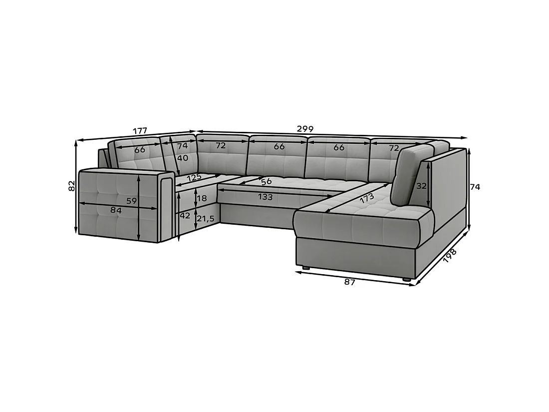 Canapé d'angle convertible MONTEZA gris 299 cm avec coffre et couchage