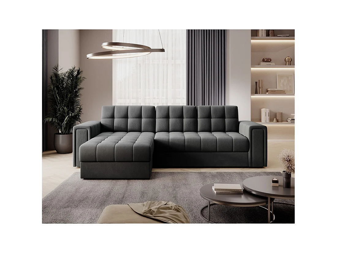 Sofá esquinero convertible KAPITARA en gris oscuro reversible con cofre de almacenamiento