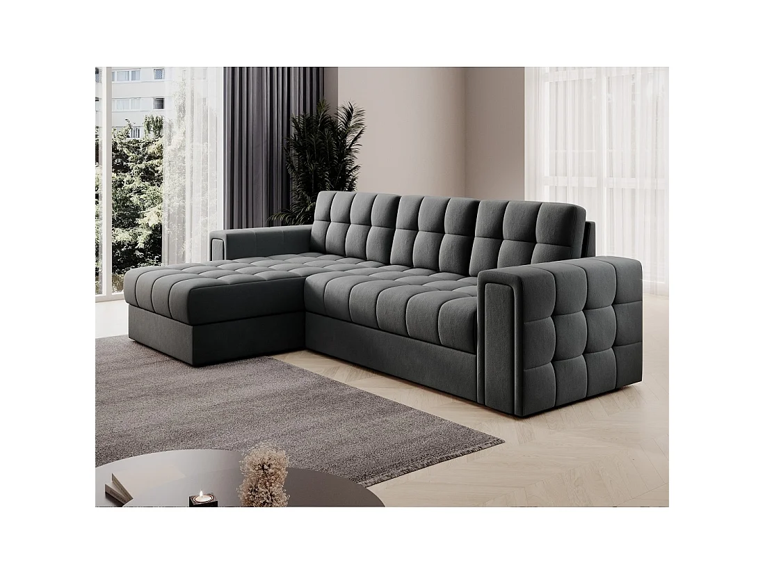 Sofá esquinero convertible KAPITARA en gris oscuro reversible con cofre de almacenamiento