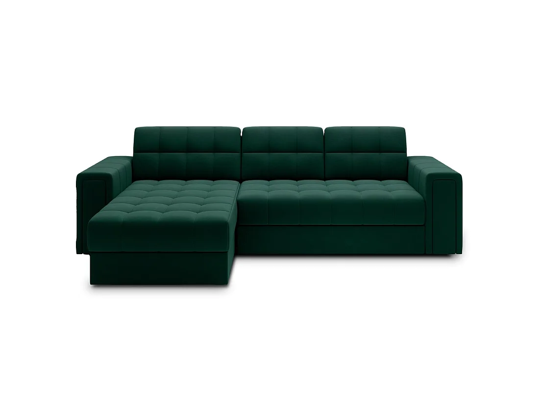 Sofá esquinero convertible KAPITARA verde reversible con cajón de almacenamiento