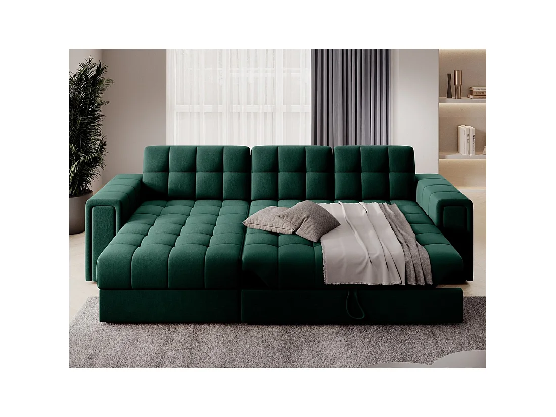 Sofá esquinero convertible KAPITARA verde reversible con cajón de almacenamiento