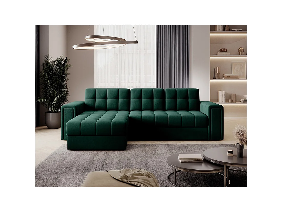 Sofá esquinero convertible KAPITARA verde reversible con cajón de almacenamiento