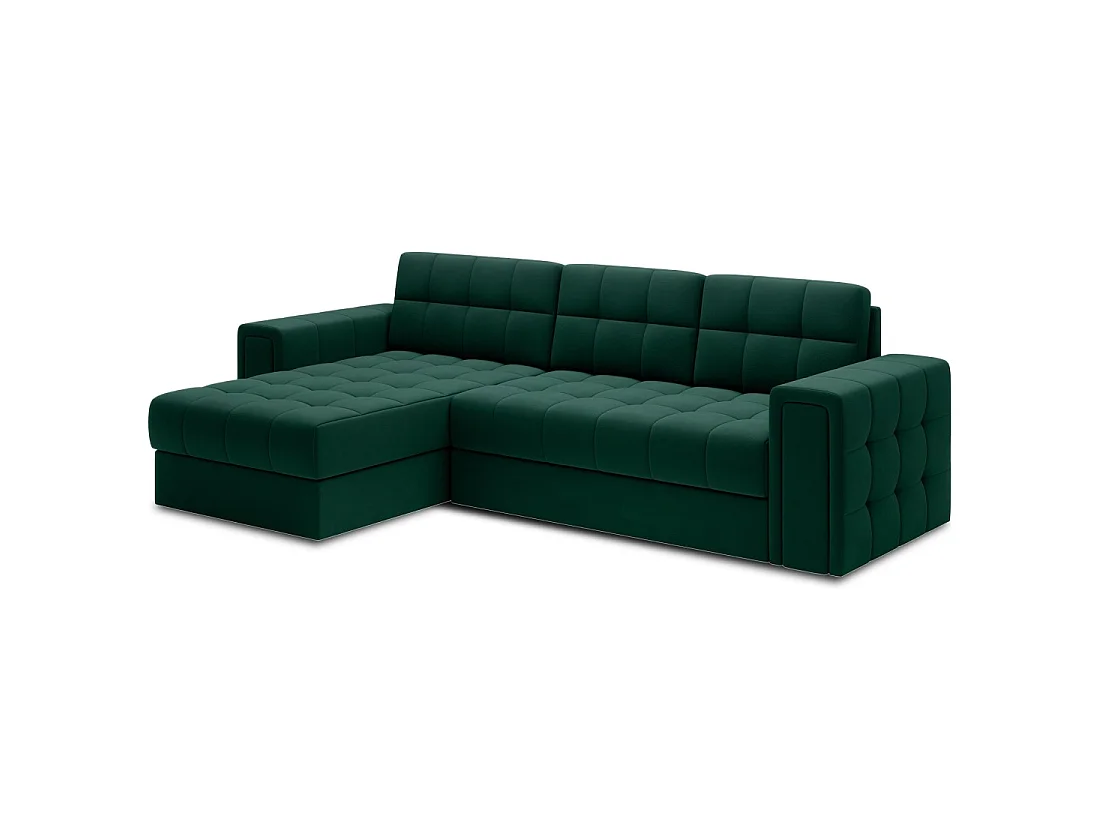 Sofá esquinero convertible KAPITARA verde reversible con cajón de almacenamiento