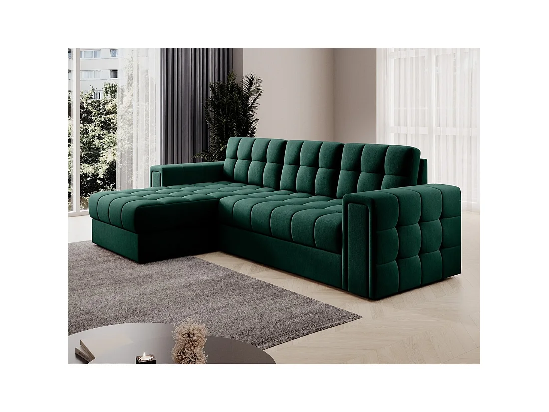Sofá esquinero convertible KAPITARA verde reversible con cajón de almacenamiento