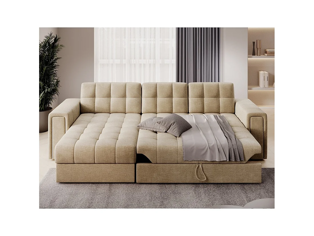 Sofá de esquina convertible KAPITARA beige reversible con cofre de almacenamiento