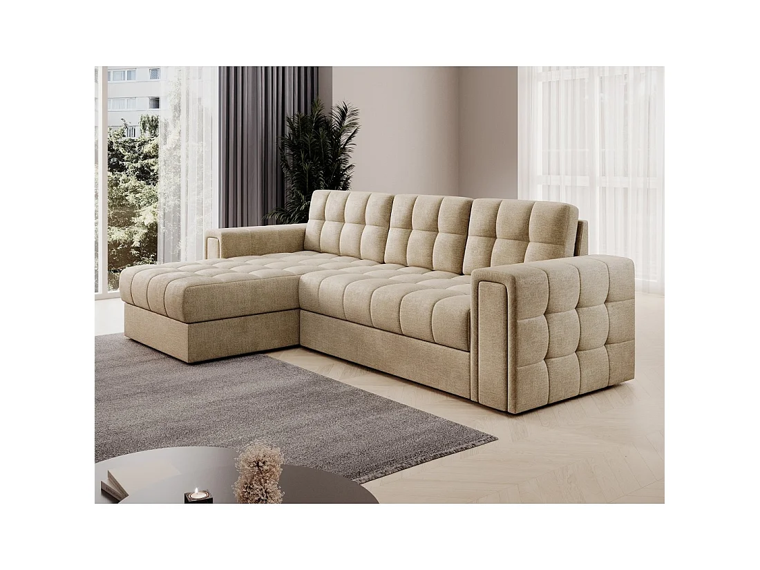 Sofá de esquina convertible KAPITARA beige reversible con cofre de almacenamiento