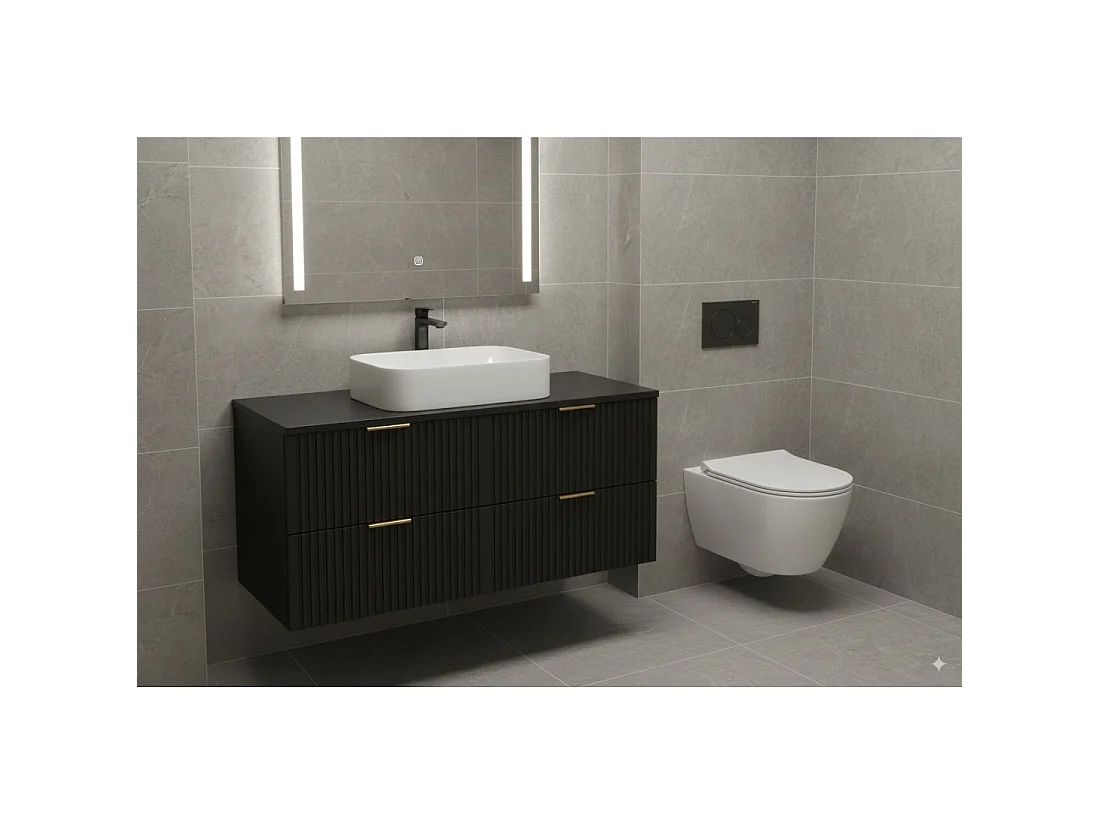 Grand meuble sous vasque NOXERA 120 cm – Noir mat – 4 tiroirs + plan pour vasque