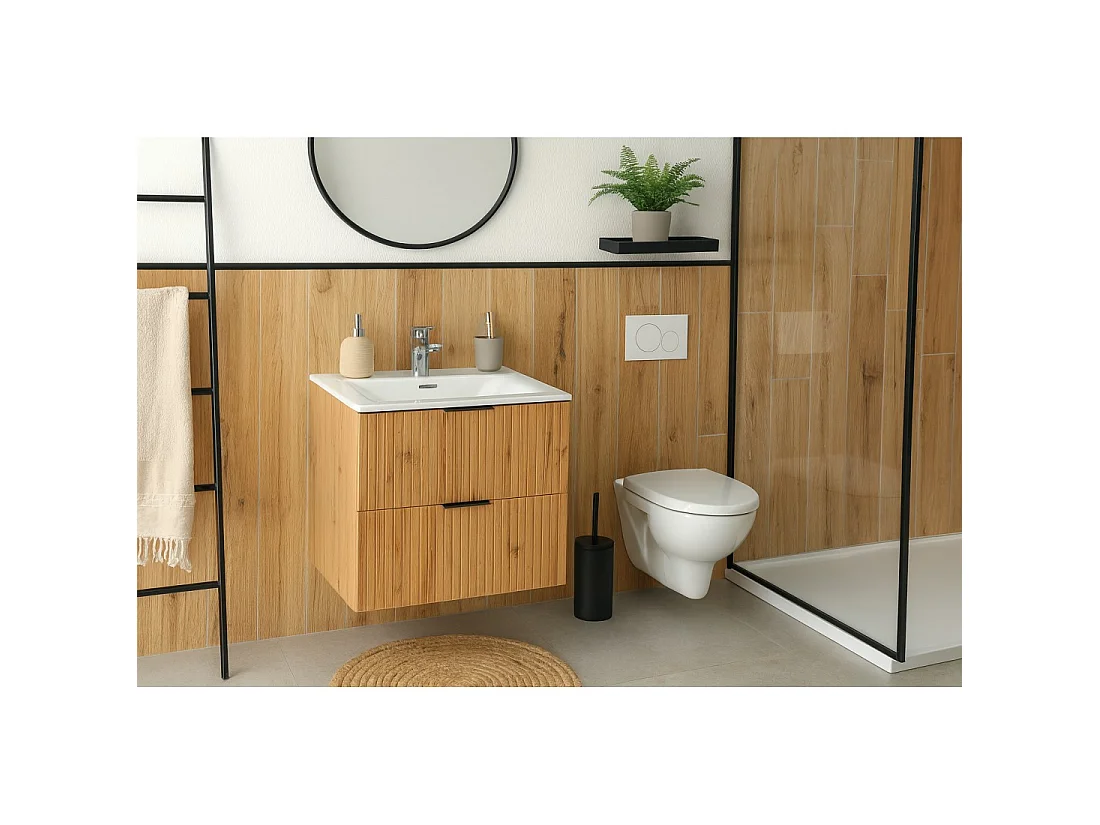 Badkamerset NOXERA 60 cm – Wotan eiken – Ingebouwde wastafel + sifon