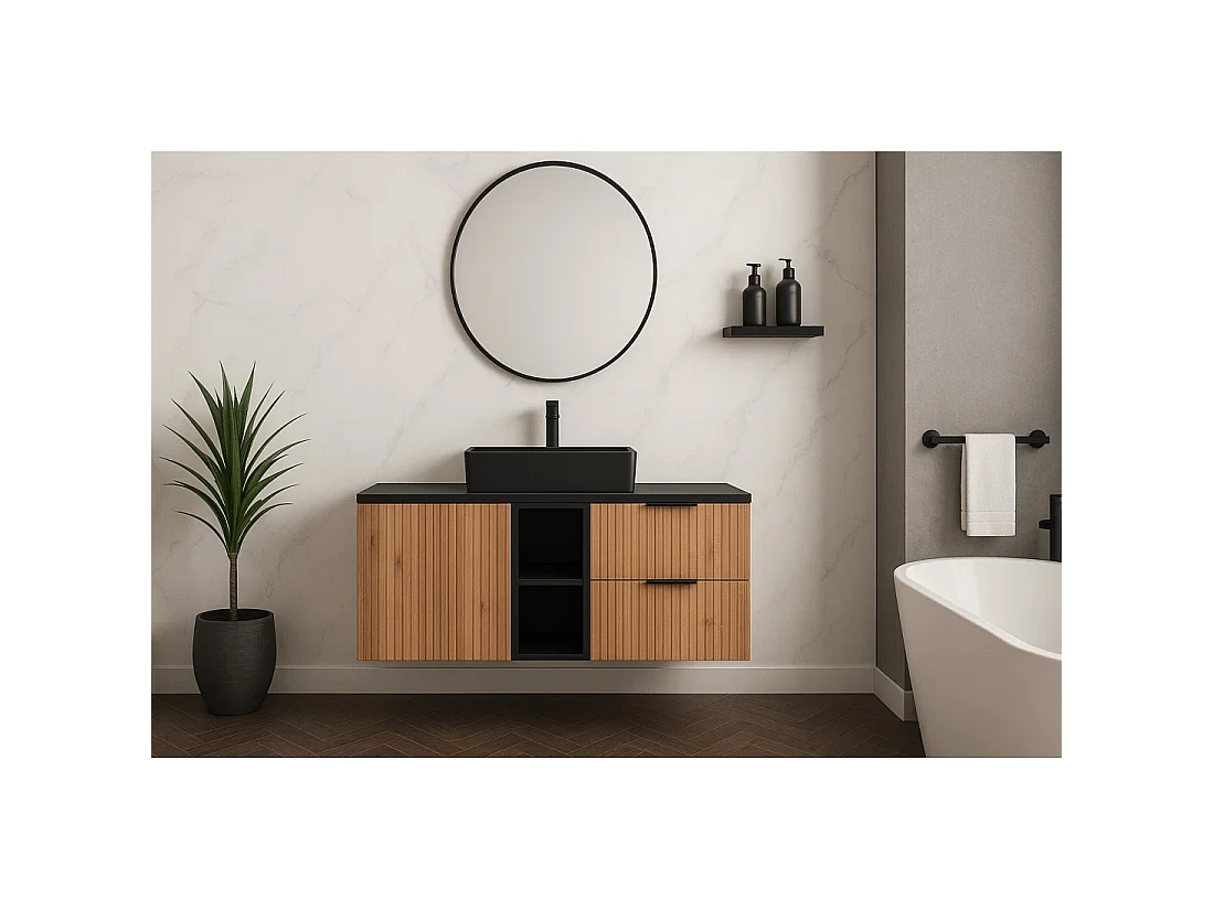 Ensemble de salle de bain NOXERA 120 cm – Chêne wotan et noir mat – plan pour vasque avec panier à linge et niches