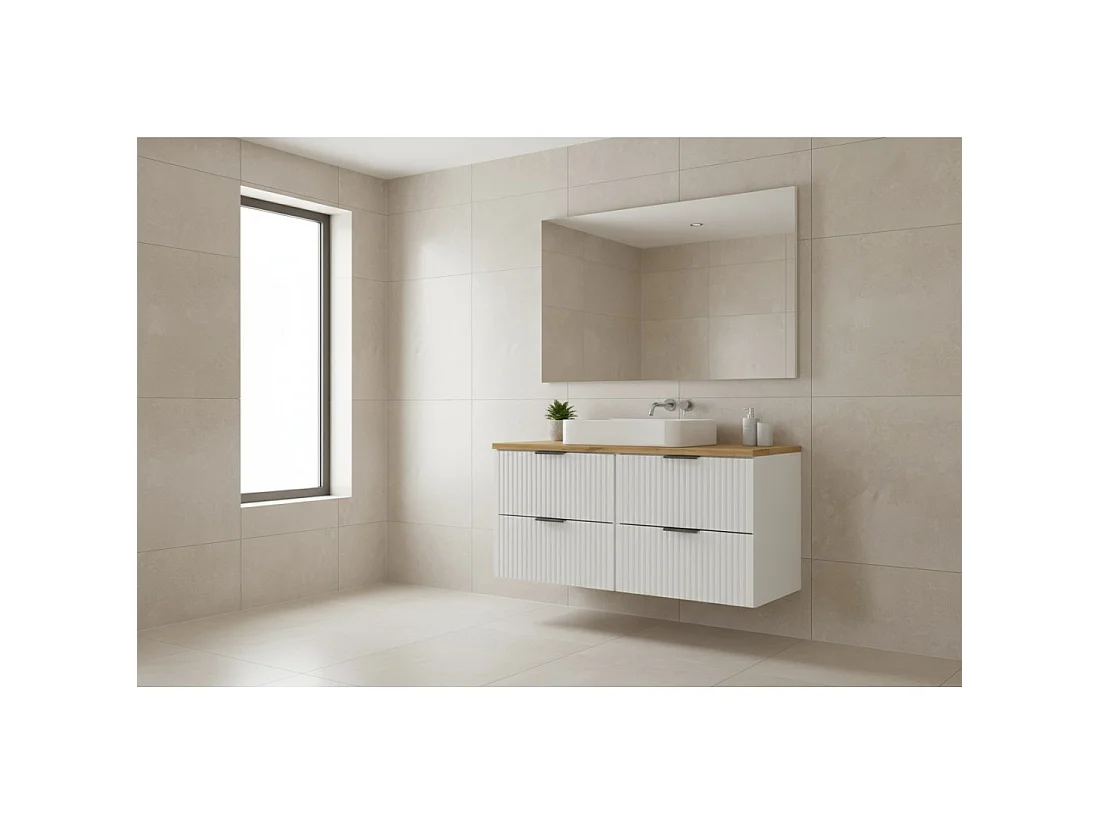 Ensemble de salle de bain NOXERA 120 cm – Meubles sous vasque suspendu blanc alpin avec plan pour vasque coloris chêne clair