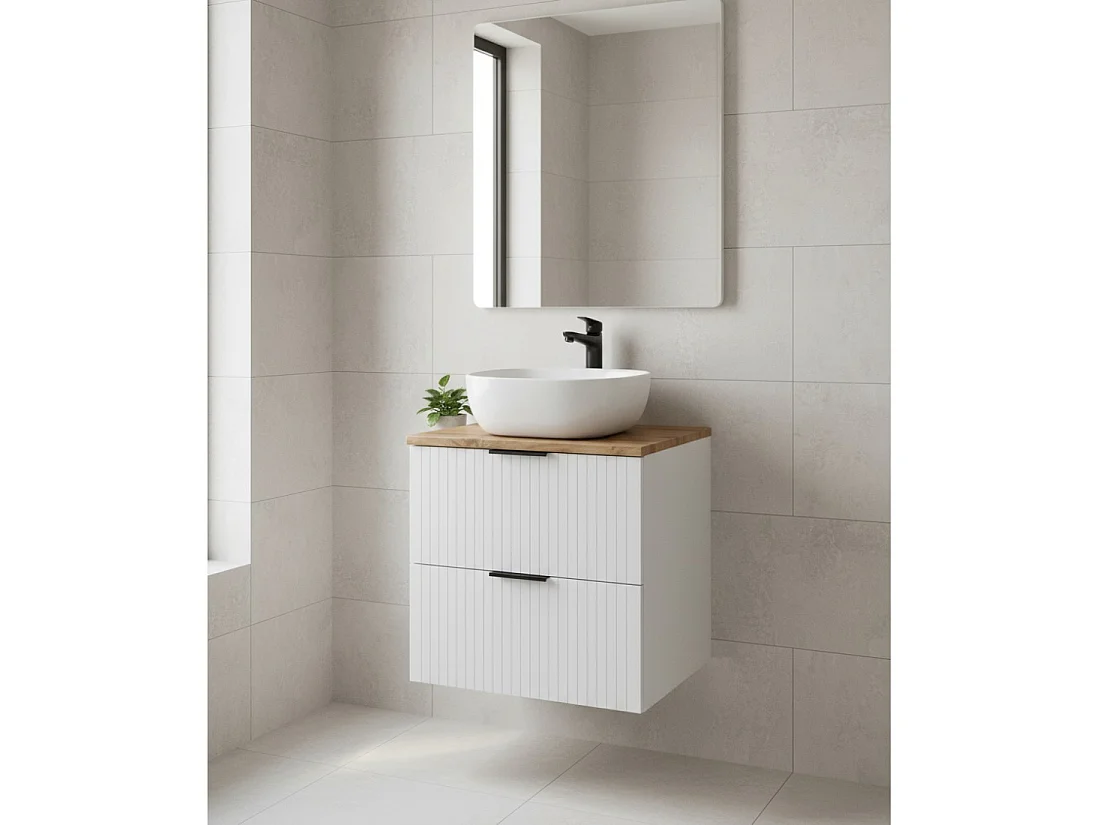 Badkamerset NOXERA 60 cm – Mat wit en wotan eiken met opzetwastafel