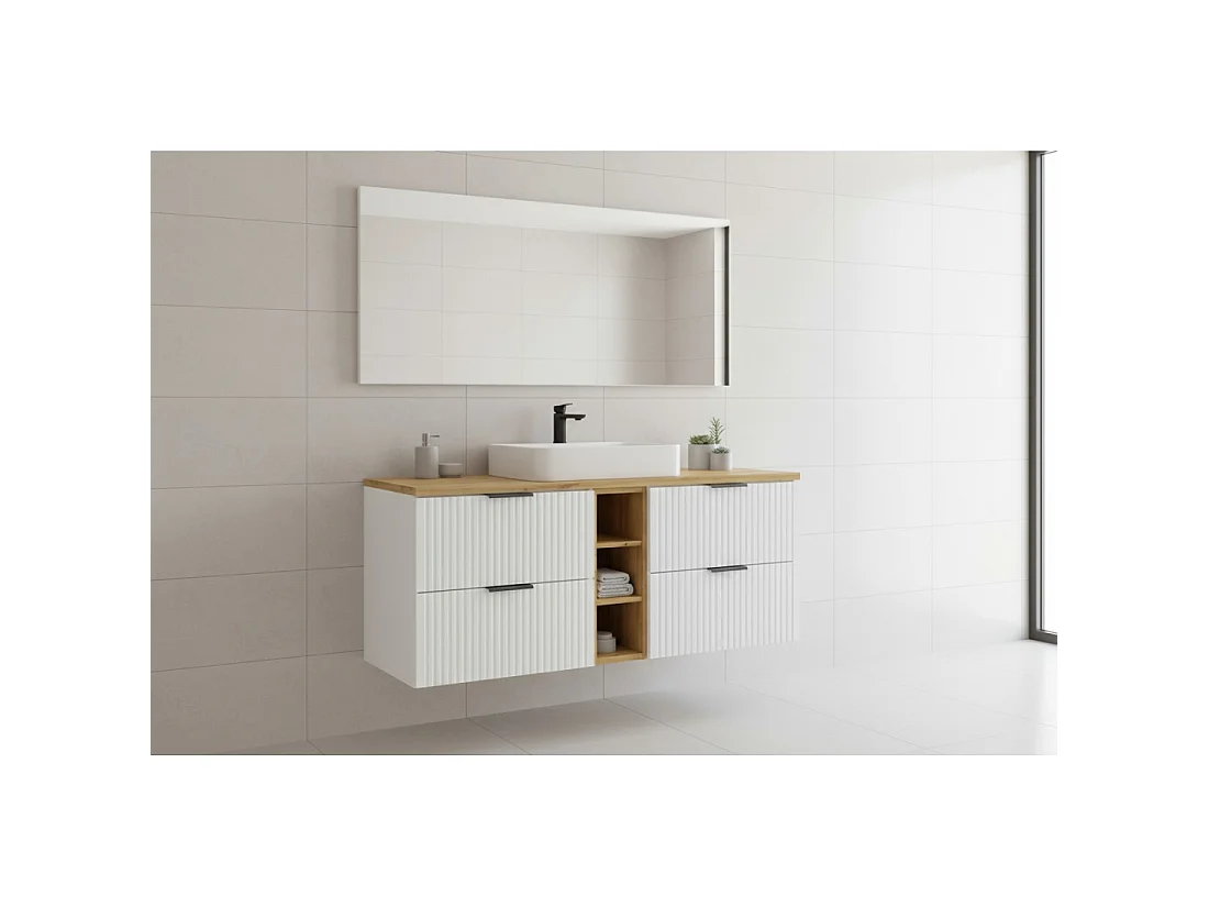 Ensemble de salle de bain NOXERA 140 cm – Meuble sous vasque suspendu blanc alpin avec plan pour vasque chêne et niches ouverte