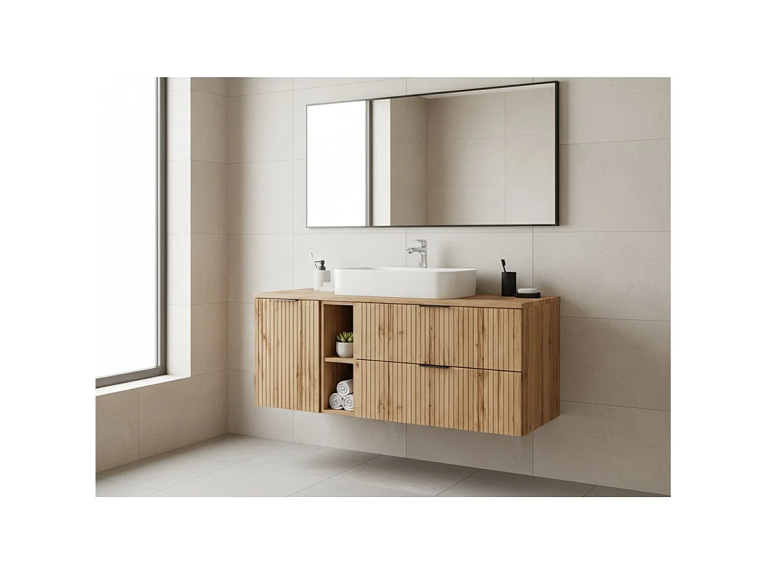 Ensemble de salle de bain NOXERA 140 cm – Chêne wotan – plan pour vasque avec niches et panier à linge