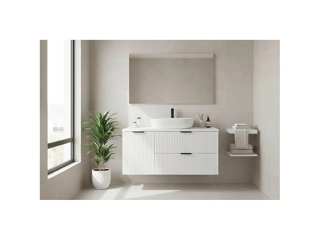 Ensemble de salle de bain NOXERA 120 cm – Meuble sous vasque suspendu blanc mat avec plan pour vasque et panier à linge