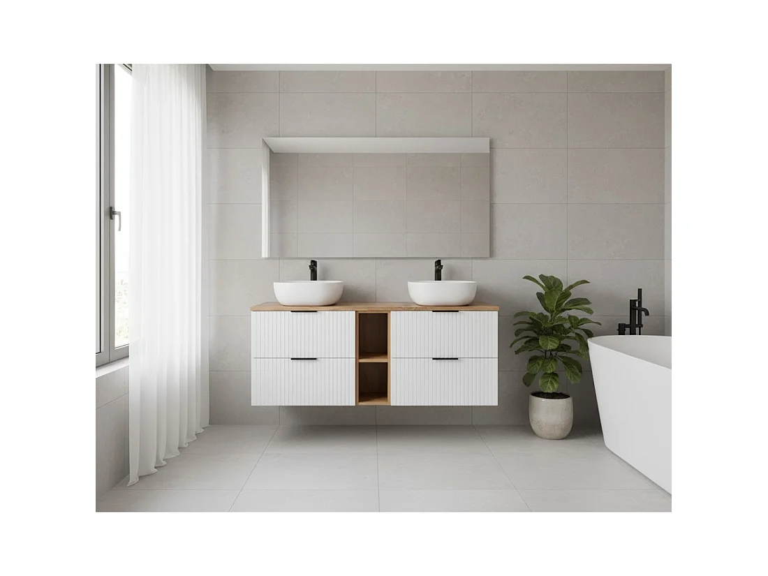 Badkamerset NOXERA 140 cm – Mat Wit en Wotan Eiken – 2 Opbouwwastafels en Open Nissen