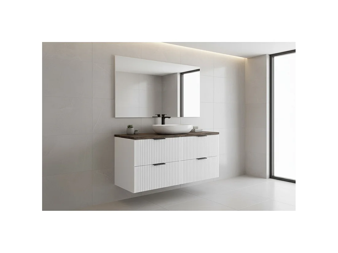 Conjunto de baño NOXERA 120 cm – Mueble bajo lavabo suspendido blanco alpino con encimera para lavabo efecto madera de abeto