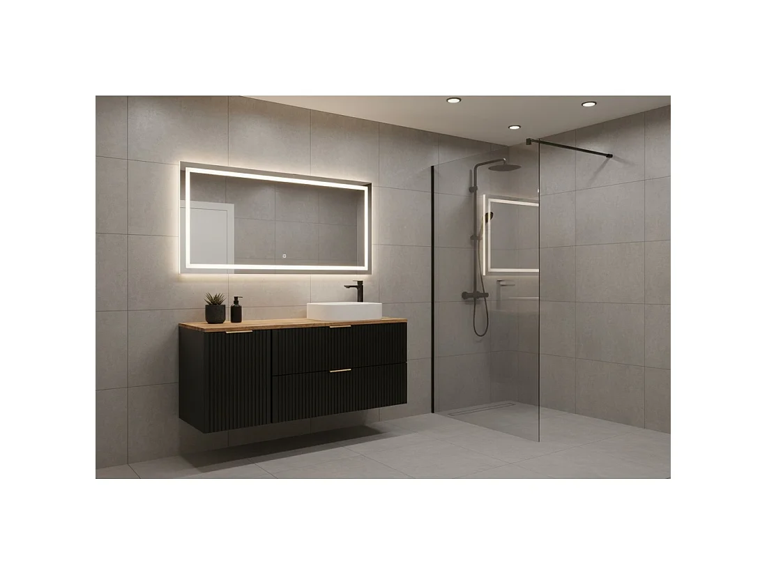 Meuble sous vasque NOXERA 120 cm – Noir mat & chêne – 2 tiroirs + panier à linge + plan pour vasque