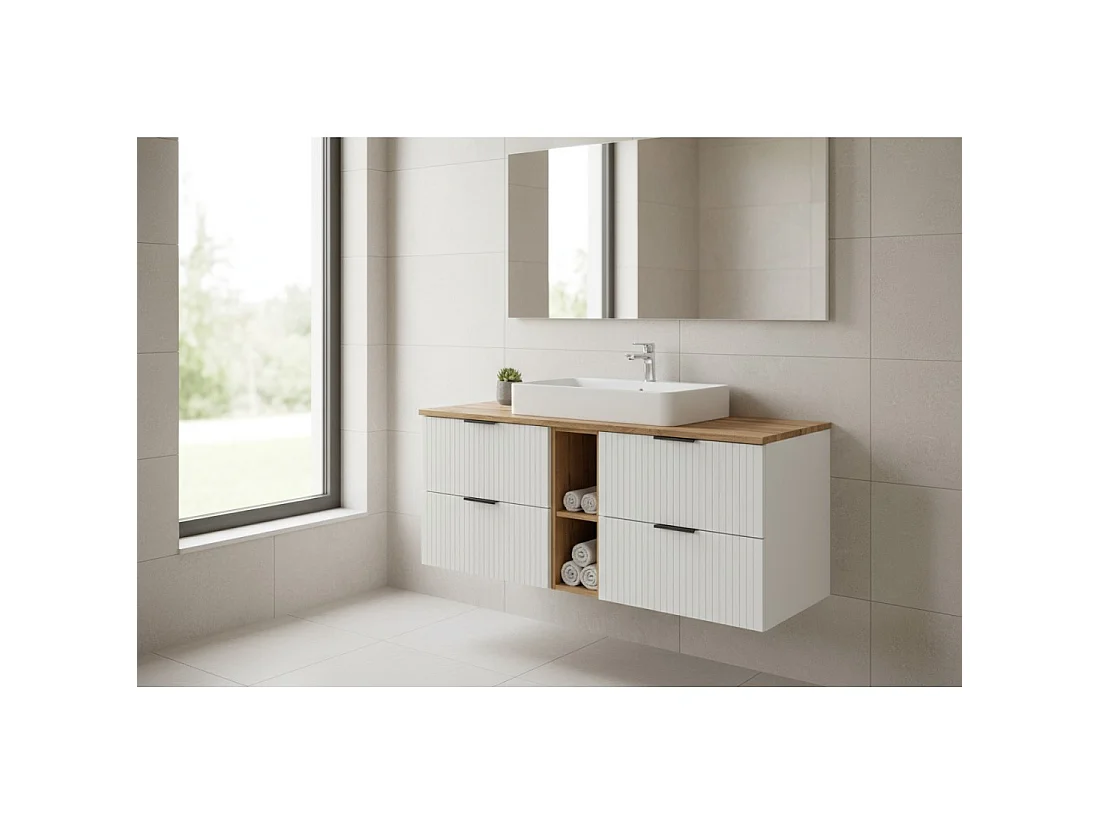 Badkamerset NOXERA 140 cm met 2 nissen - Mat wit en wotan eik