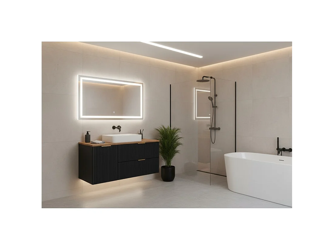 Mobile sottolavabo NOXERA 100 cm – Nero opaco & rovere – 2 cassetti + cestino + piano per lavabo