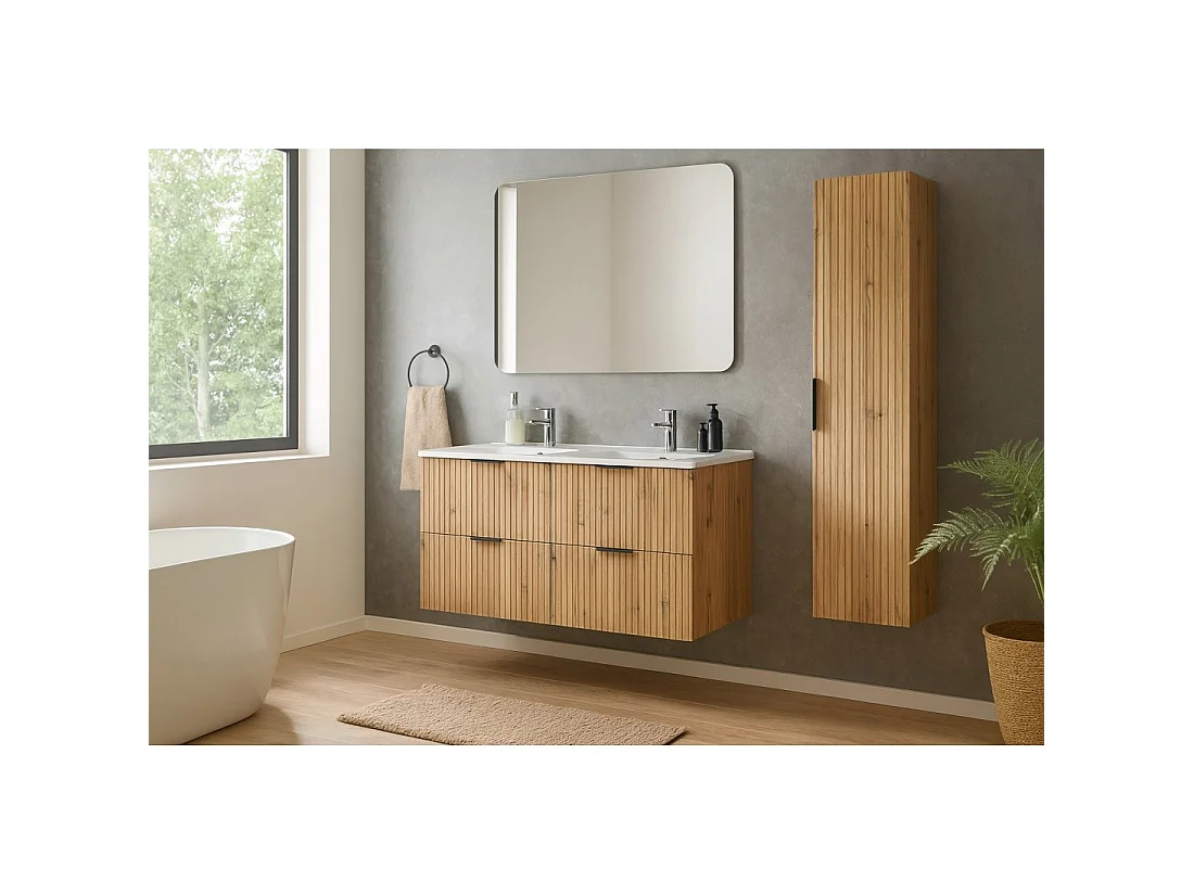 Ensemble de salle de bain NOXERA 120 cm – Chêne wotan – Meubles sous vasque avec double vasque encastrée et siphons