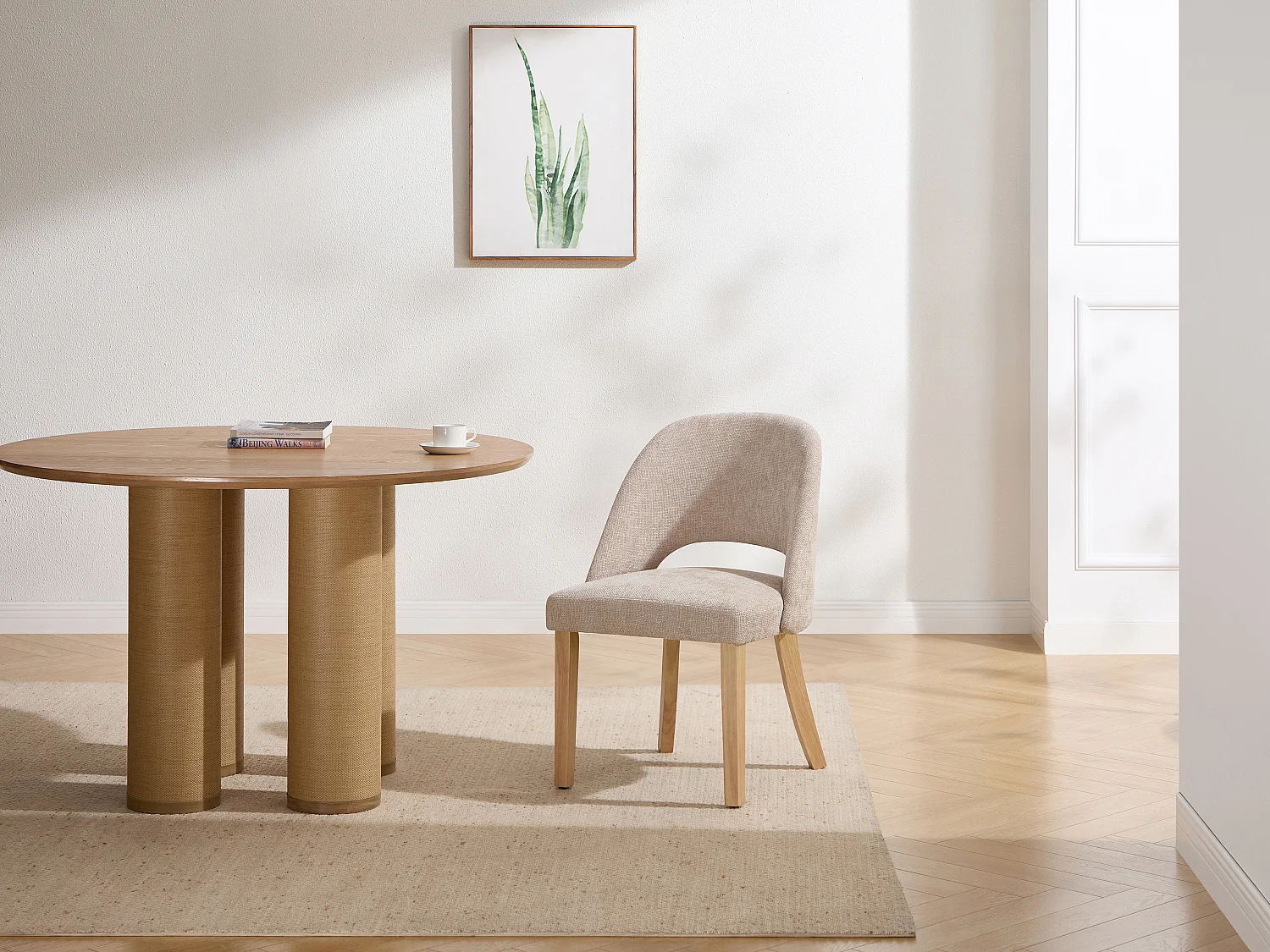 Lot de 6 chaises en tissu texturé et bois d'hévéa - Beige - FUNIRA