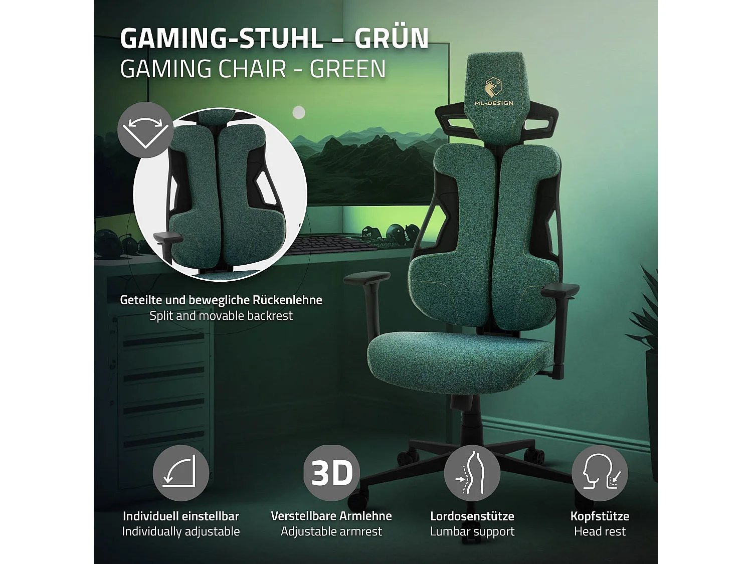 ML-Design Silla gaming ergonómica, tela verde, asiento de ordenador con soporte lumbar, reposacabezas, reposabrazos 3D sillón gamer