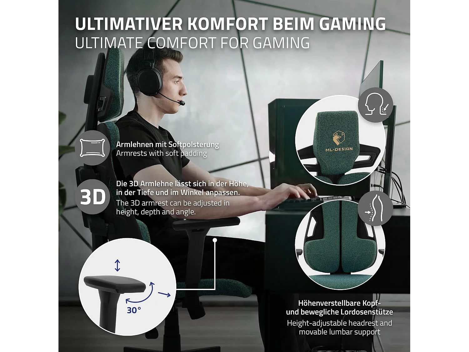 ML-Design Silla gaming ergonómica, tela verde, asiento de ordenador con soporte lumbar, reposacabezas, reposabrazos 3D sillón gamer
