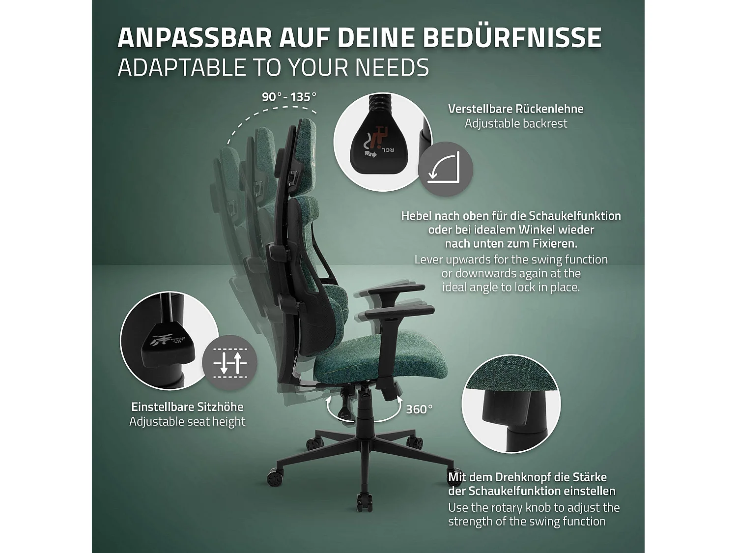 ML-Design Silla gaming ergonómica, tela verde, asiento de ordenador con soporte lumbar, reposacabezas, reposabrazos 3D sillón gamer