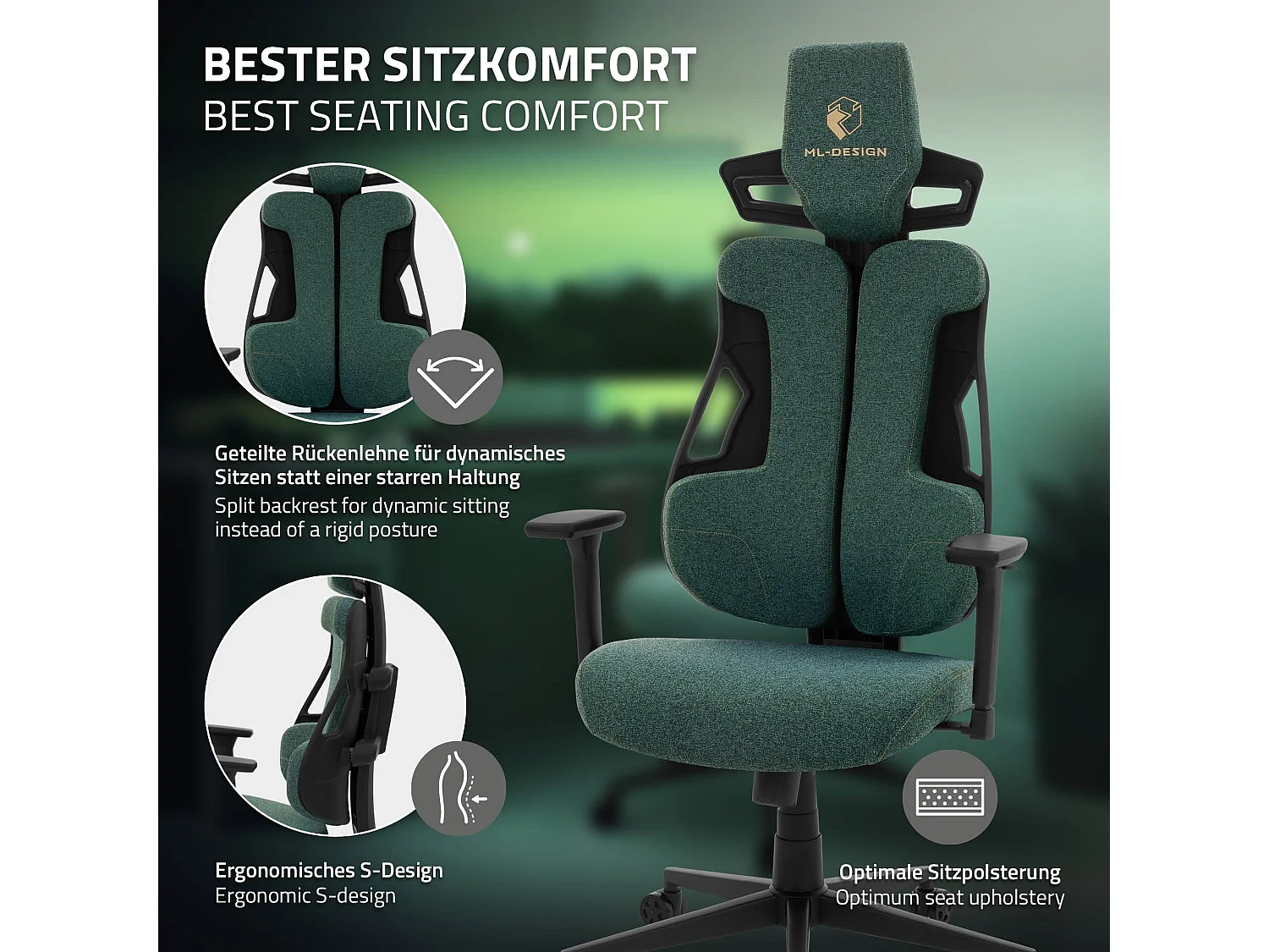 ML-Design Silla gaming ergonómica, tela verde, asiento de ordenador con soporte lumbar, reposacabezas, reposabrazos 3D sillón gamer