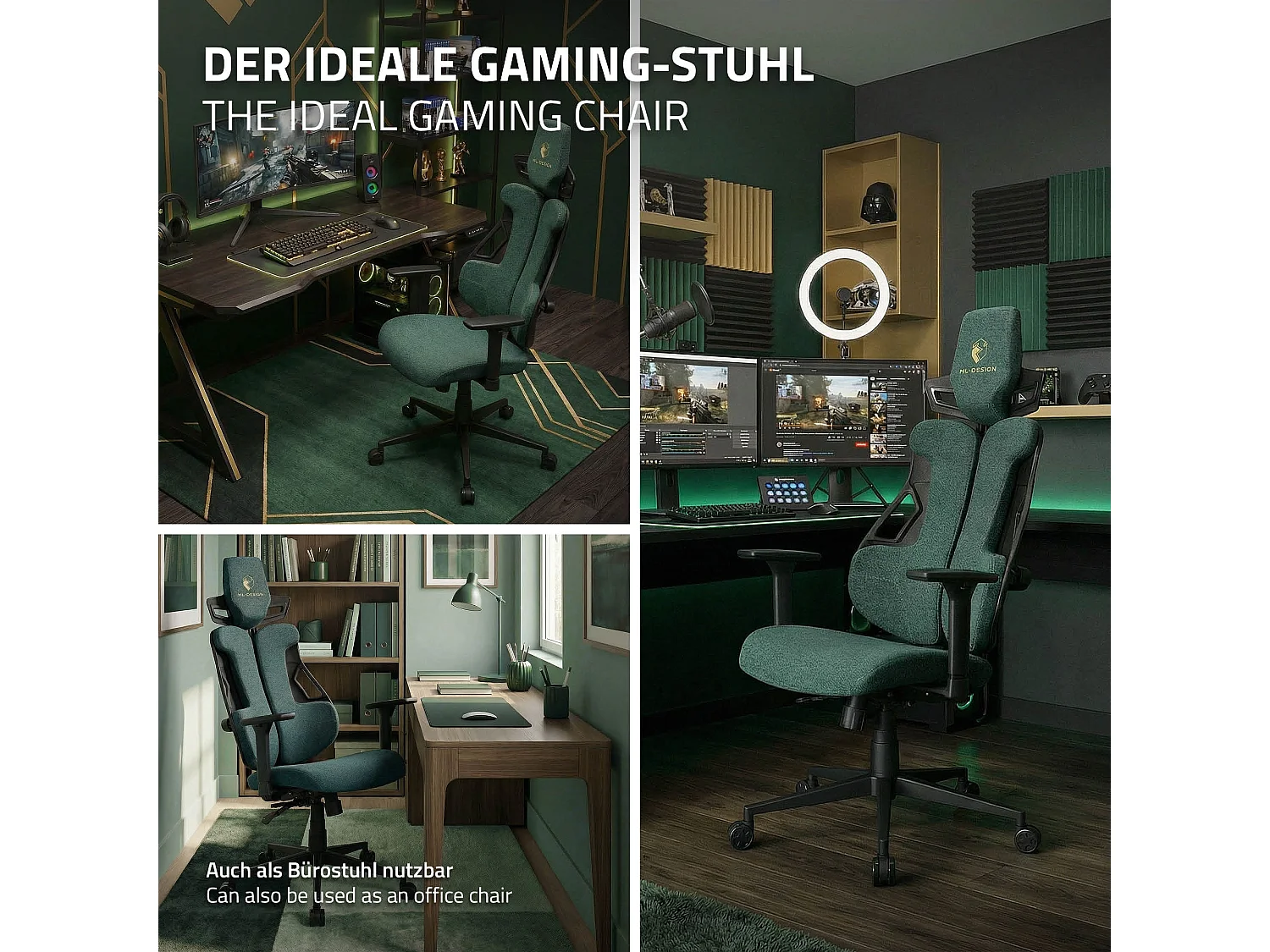 ML-Design Silla gaming ergonómica, tela verde, asiento de ordenador con soporte lumbar, reposacabezas, reposabrazos 3D sillón gamer