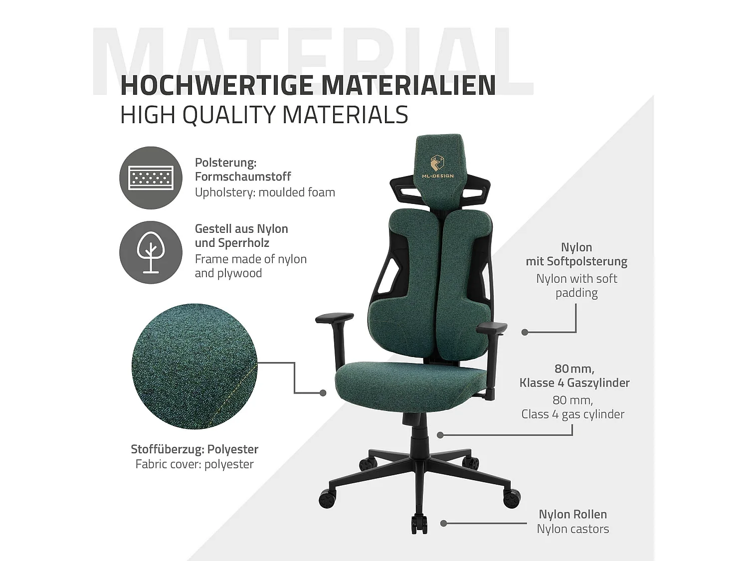 ML-Design Silla gaming ergonómica, tela verde, asiento de ordenador con soporte lumbar, reposacabezas, reposabrazos 3D sillón gamer