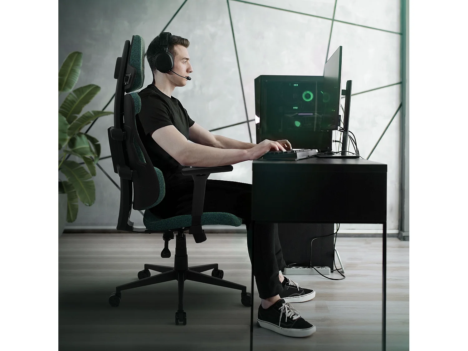 ML-Design Silla gaming ergonómica, tela verde, asiento de ordenador con soporte lumbar, reposacabezas, reposabrazos 3D sillón gamer