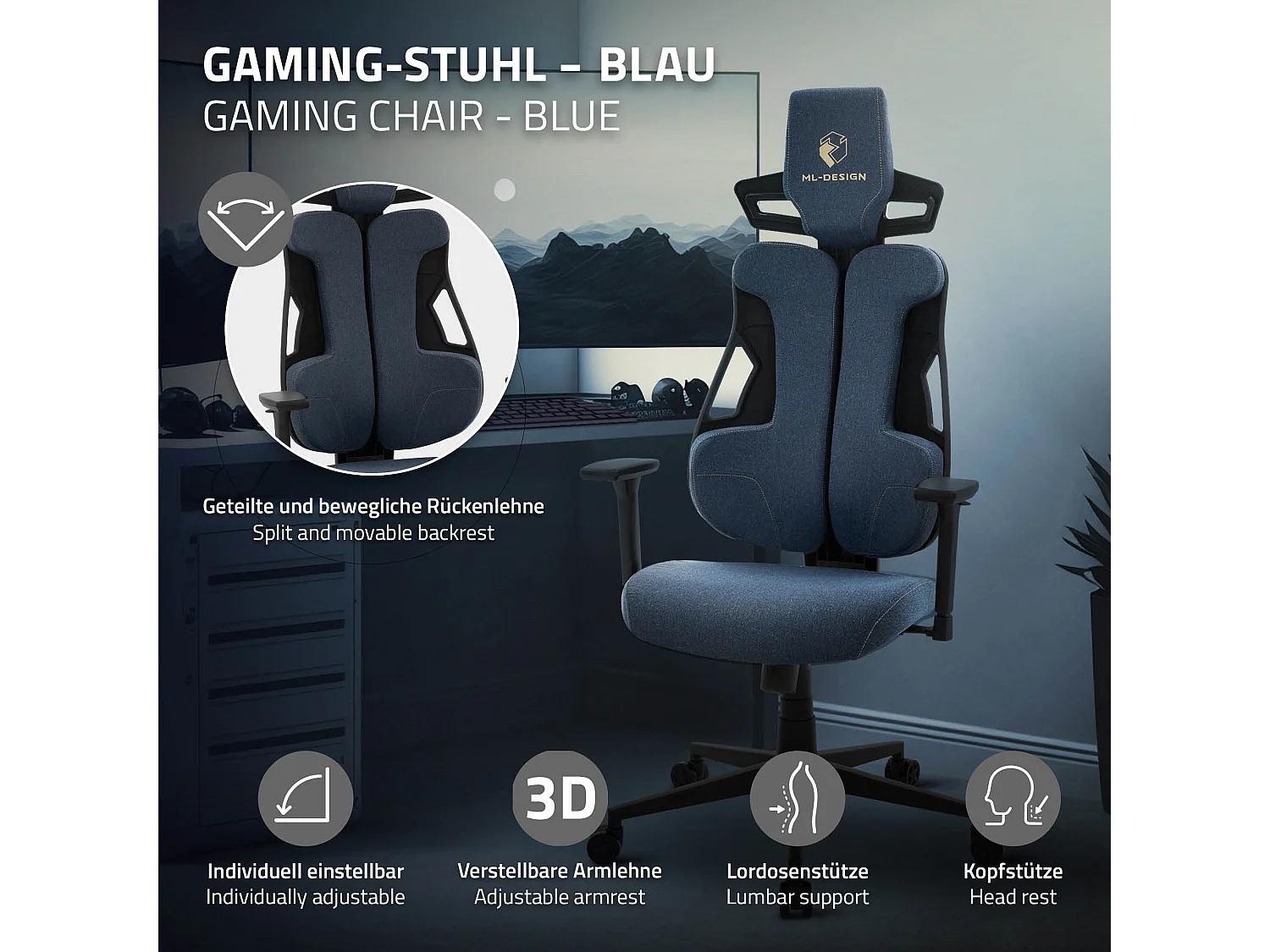 ML-Design Silla gaming ergonómica, tela azul, asiento de ordenador con soporte lumbar, reposacabezas, reposabrazos 3D sillón gamer