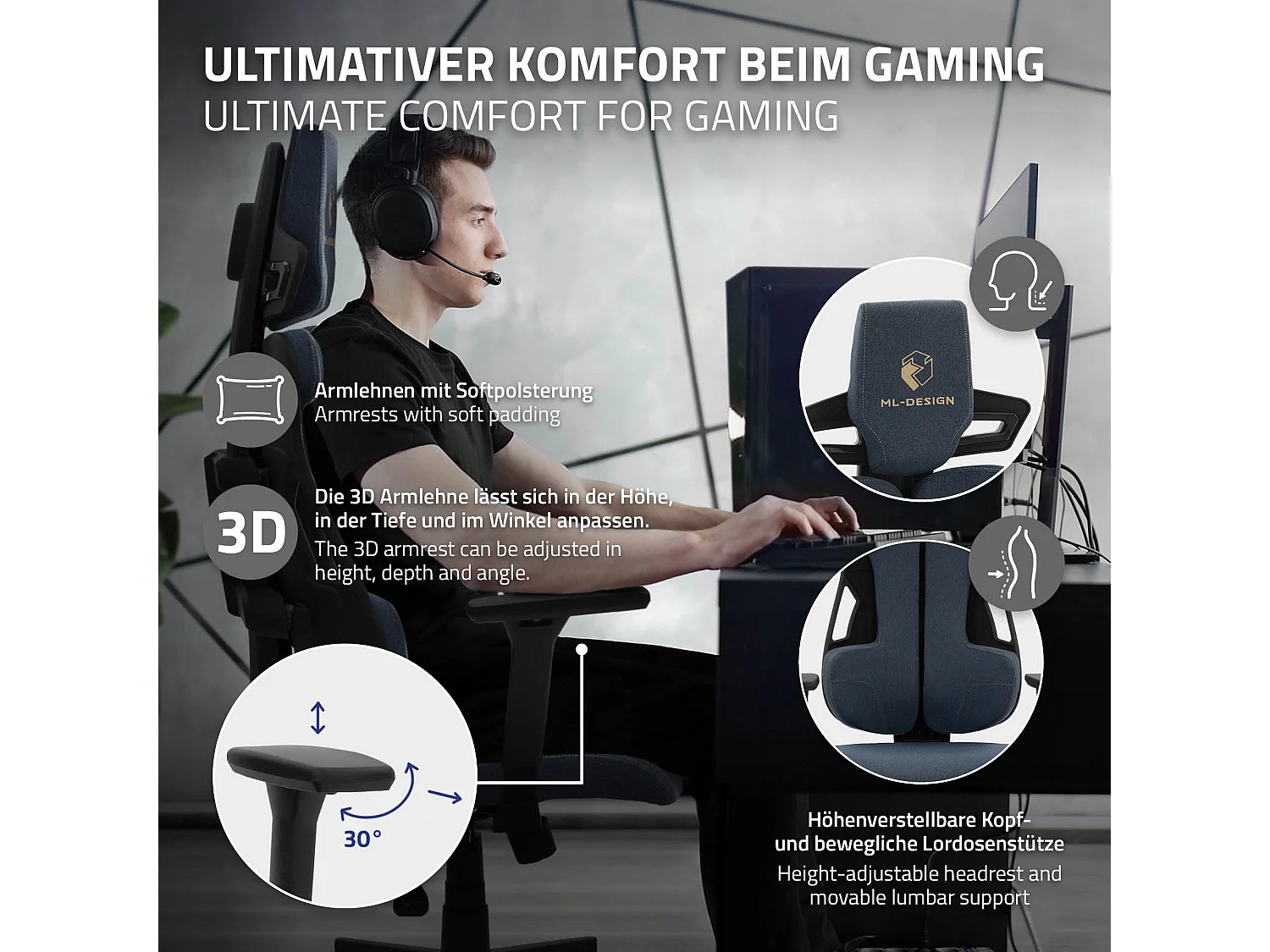 ML-Design Silla gaming ergonómica, tela azul, asiento de ordenador con soporte lumbar, reposacabezas, reposabrazos 3D sillón gamer